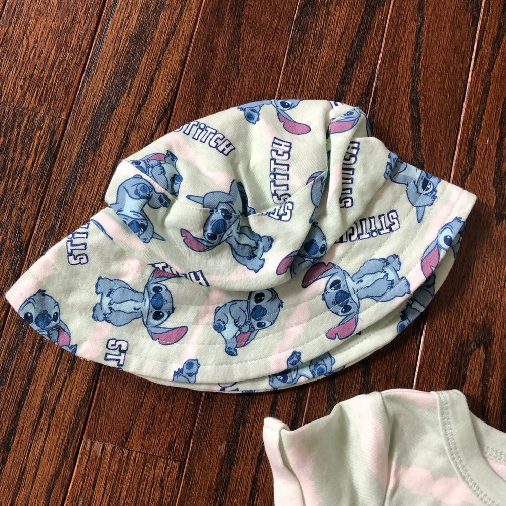 Disney Baby 3-6M Stitch Green Striped Short-Sleeve One Piece w/Matching Hat NWOT - Picture 3 of 11